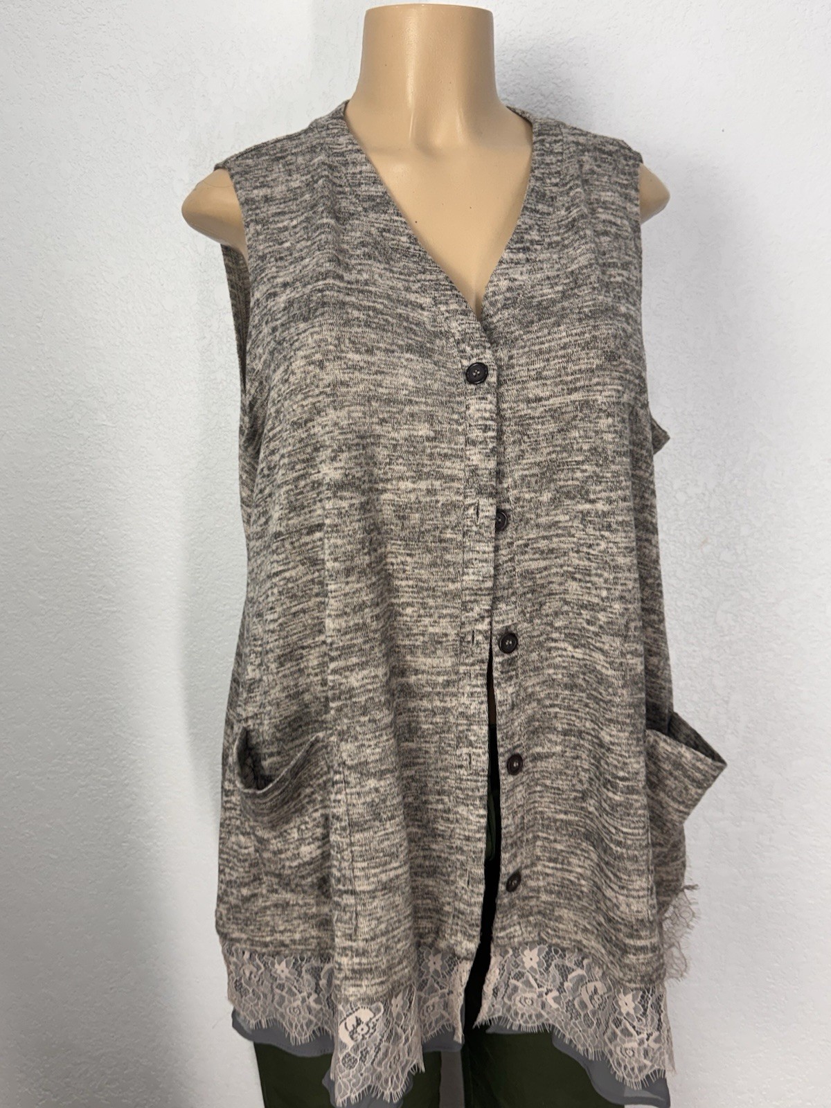 LOGO Marl Lace Hems Insert, Button Front Cardigan Stretch Women Size LCasual Top
