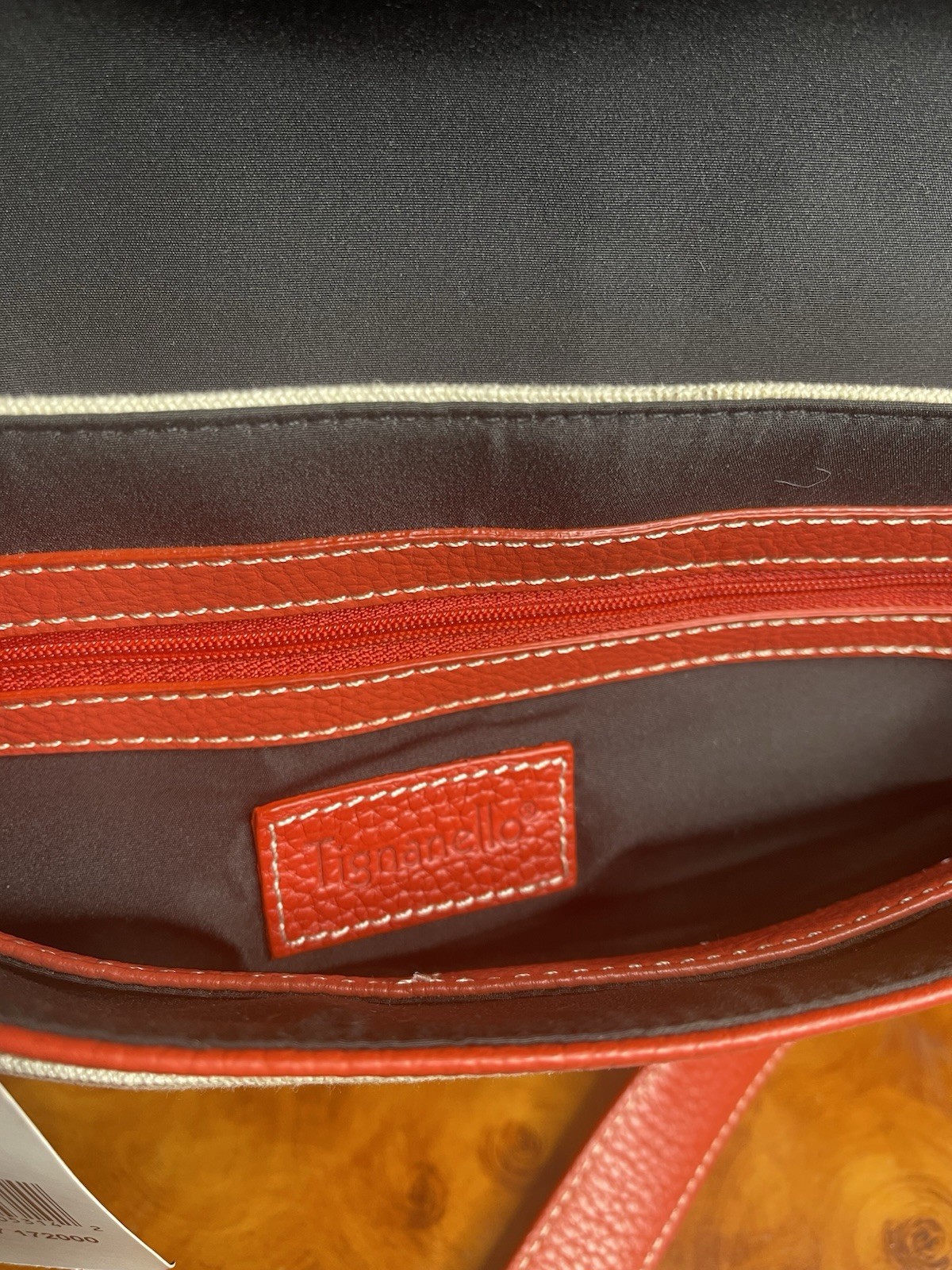 Tignanello Beige & Red Shoulder Bag, Buckle Accent, Magnetic Zip Closure