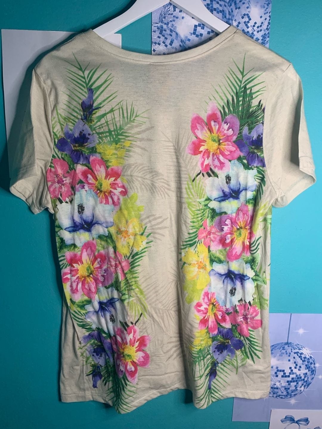 White Stag Floral Graphic V-Neck Tee with Sequin Embellishments