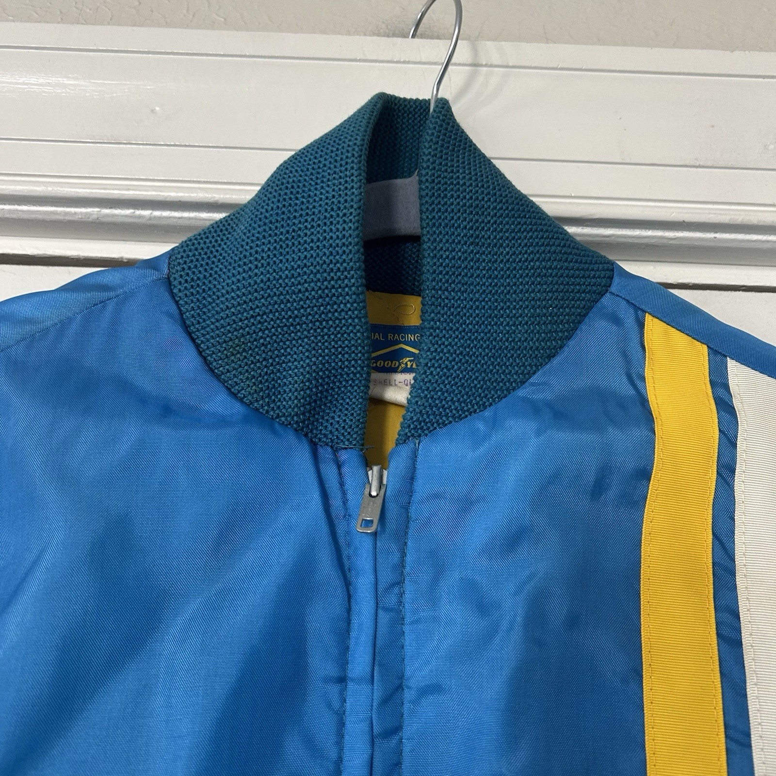 VTG 70s Good Year Tires Racing Jacket Size M USA Made Blue Nylon Quilt Lined