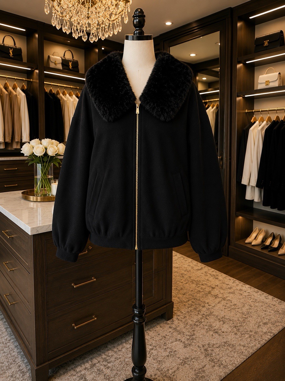 Saks Fifth Avenue Women’s Black Short Full Zip Jacket Faux Fur Trim Collar XL