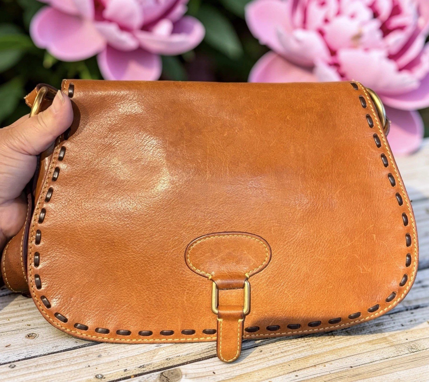 Dooney Bourke Brown Florentine Vacchetta Leather Saddle Messenger Shoulder Bag