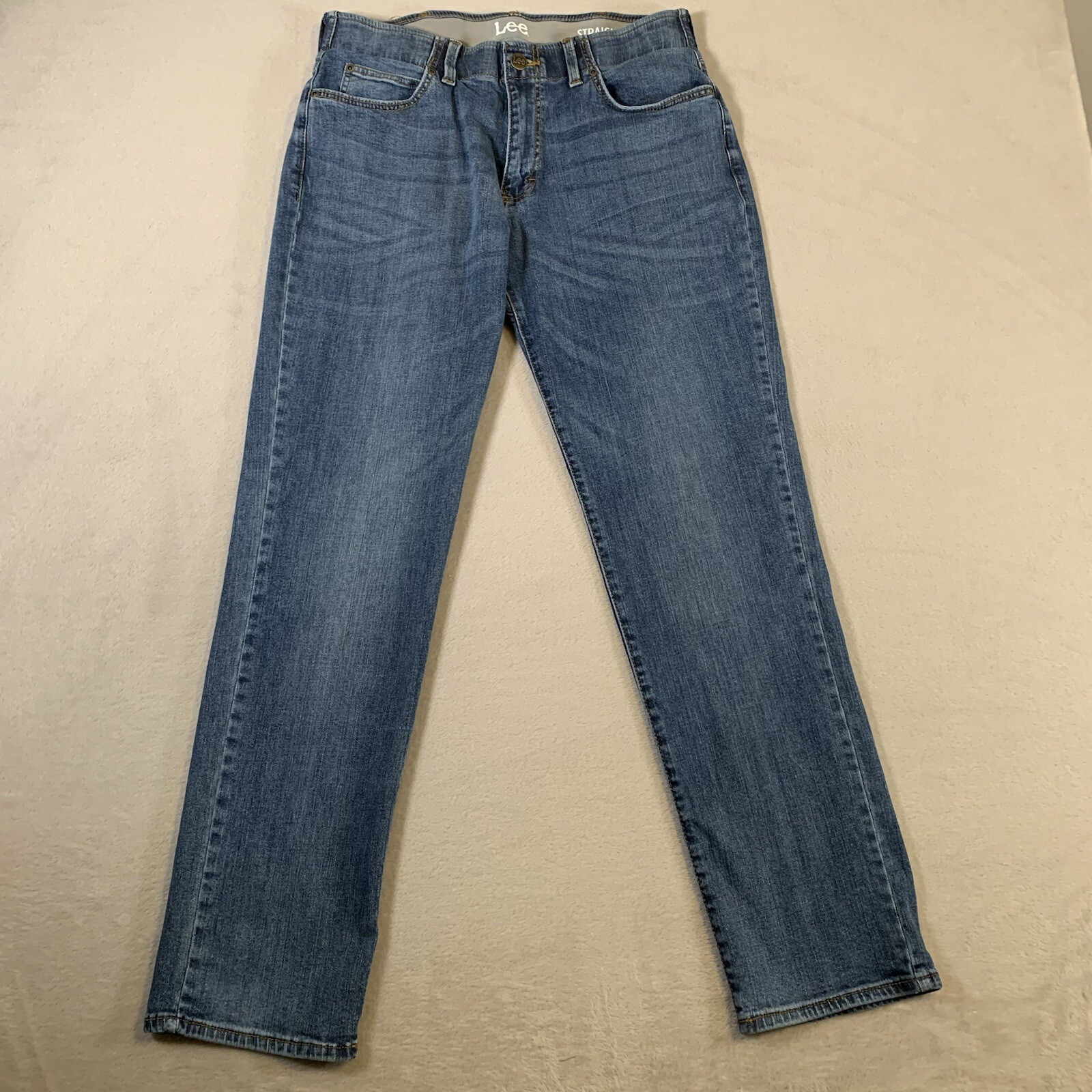Lee Jeans Mens 34×34(32×32) Blue Straight Taper Medium Wash Whiskers Stretch