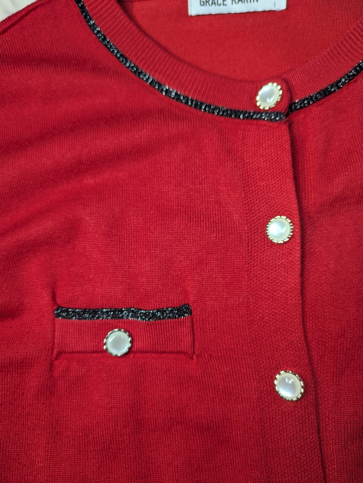 Grace Karin Red Cardigan Sweater Women’s Small Pearl Button Knit Office Preppy