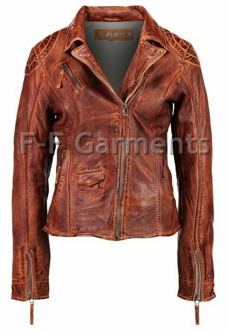 Women’s Distressed Antique Brown Cafe Racer Vintage Biker Leather Jacket