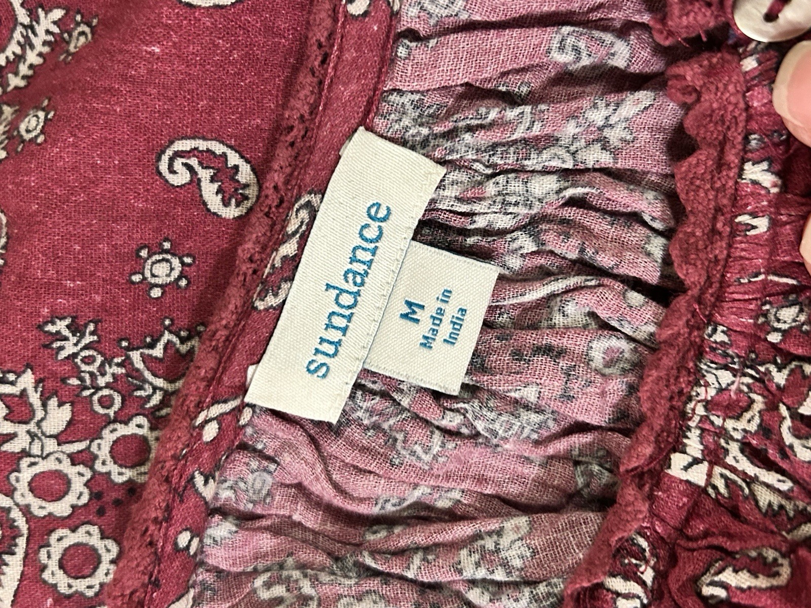 Sundance Women’s Red Paisley Button Front Ruffle Cotton Peasant Blouse, M