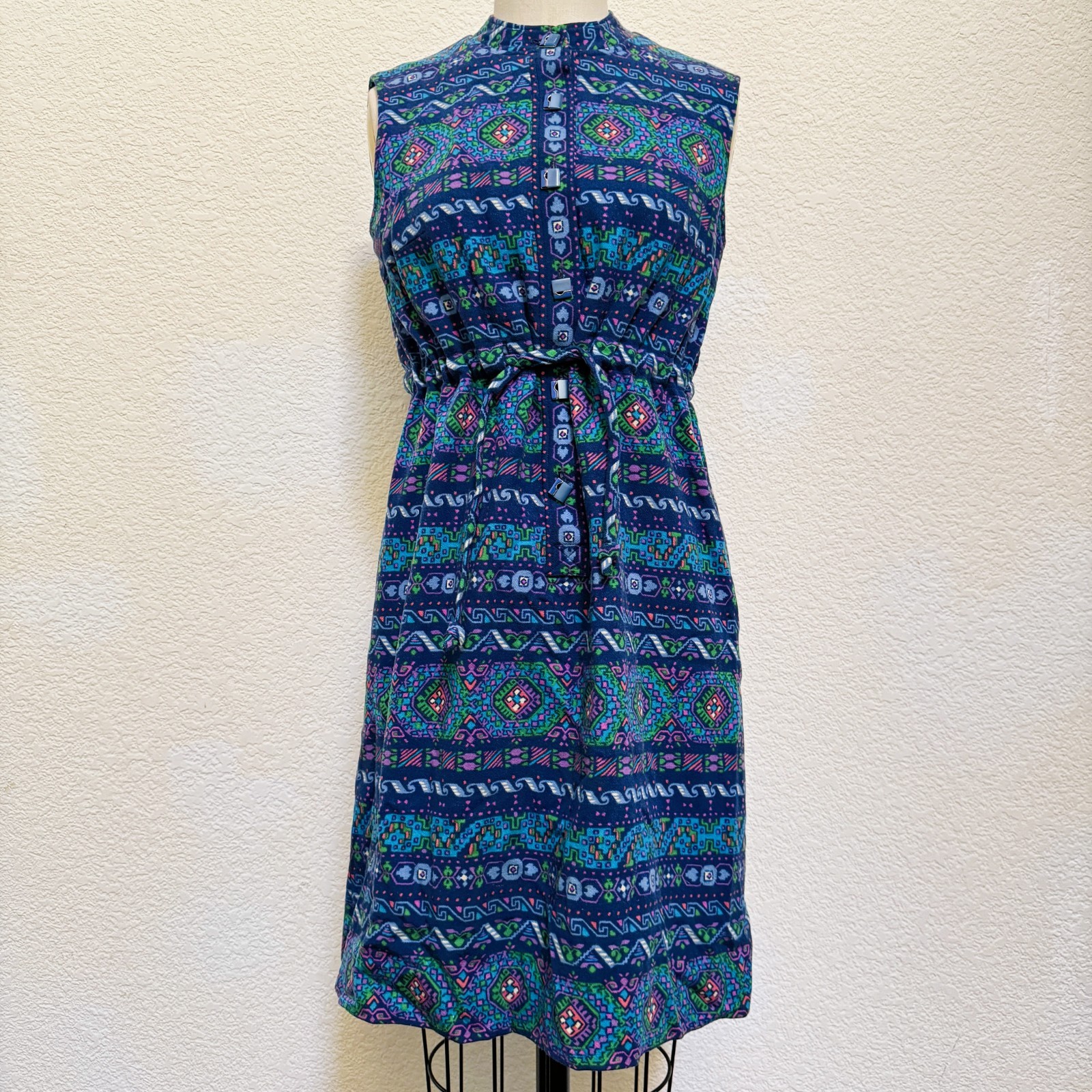 Vintage Psychedelic 1960s Striped Wool and Silk, Mock Collar Mini Dress Size S