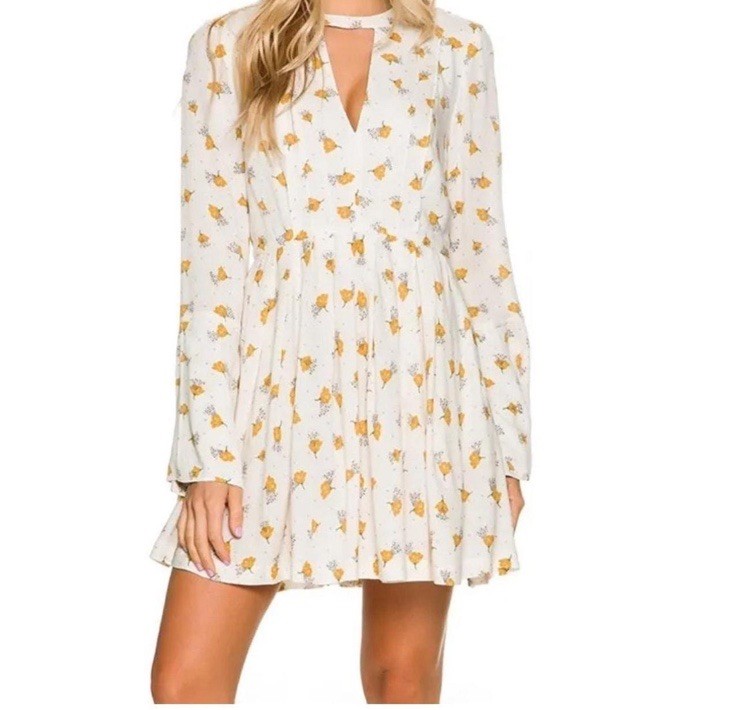 Free People Tegan Ivory Floral Long Flare Sleeve Mini Dress Rayon Sz 4 Boho