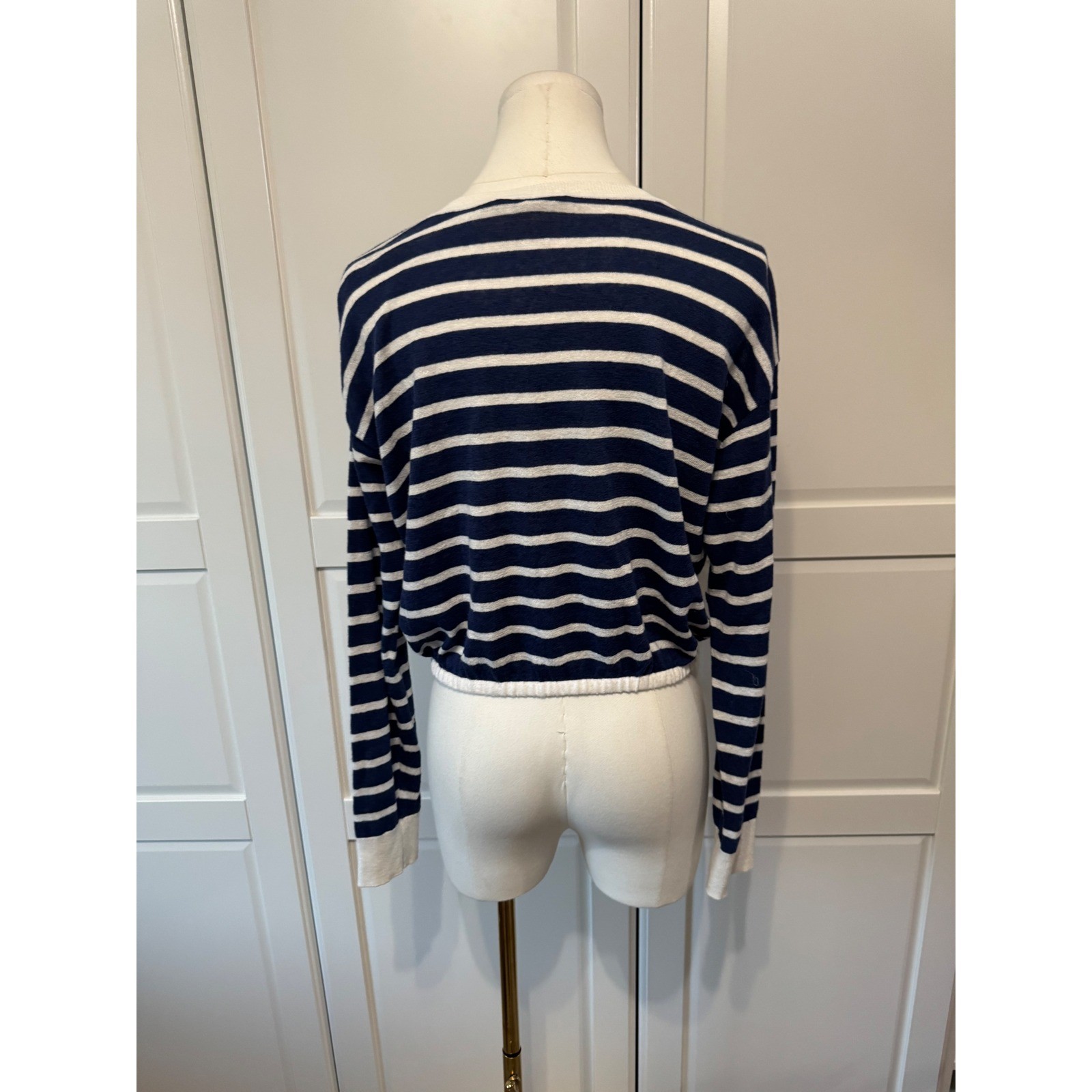 Alice + Olivia Navy Bernetta White Blue Stripe Linen Cotton Crop Sweater Small
