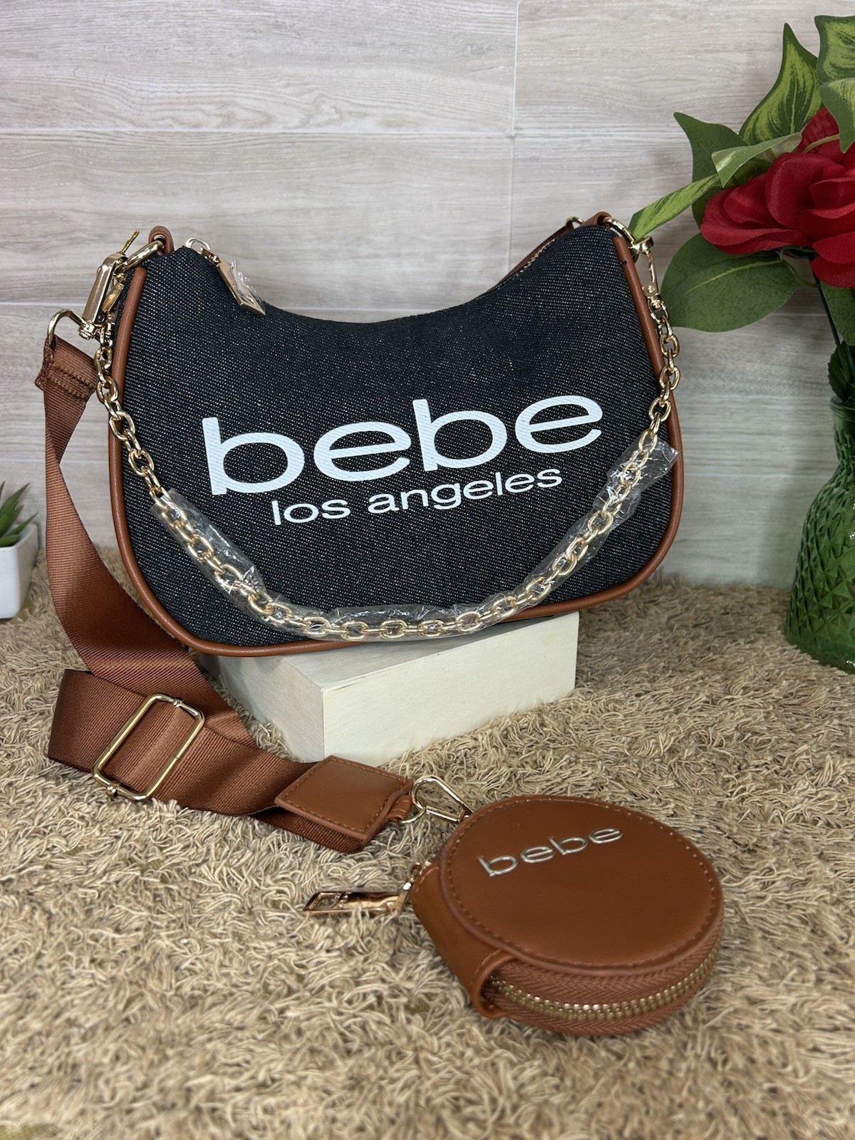 NWT bebe Denim Crossbody Bag with Coin Purse, Brown Strap,Chain & Zipper Accents