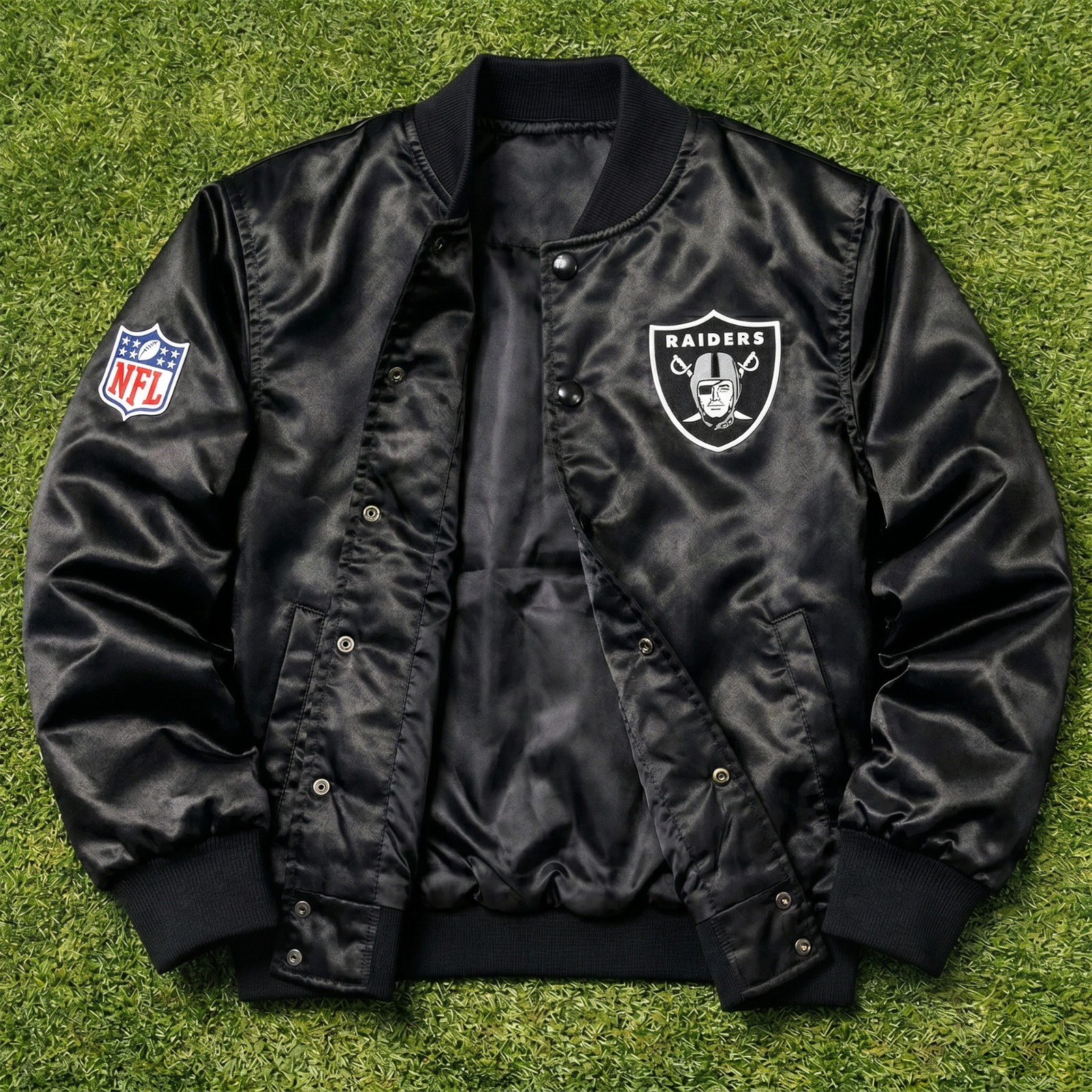 Mens Oakland Raiders Black Satin Bomber Letterman Varsity Baseball Snap Jacket