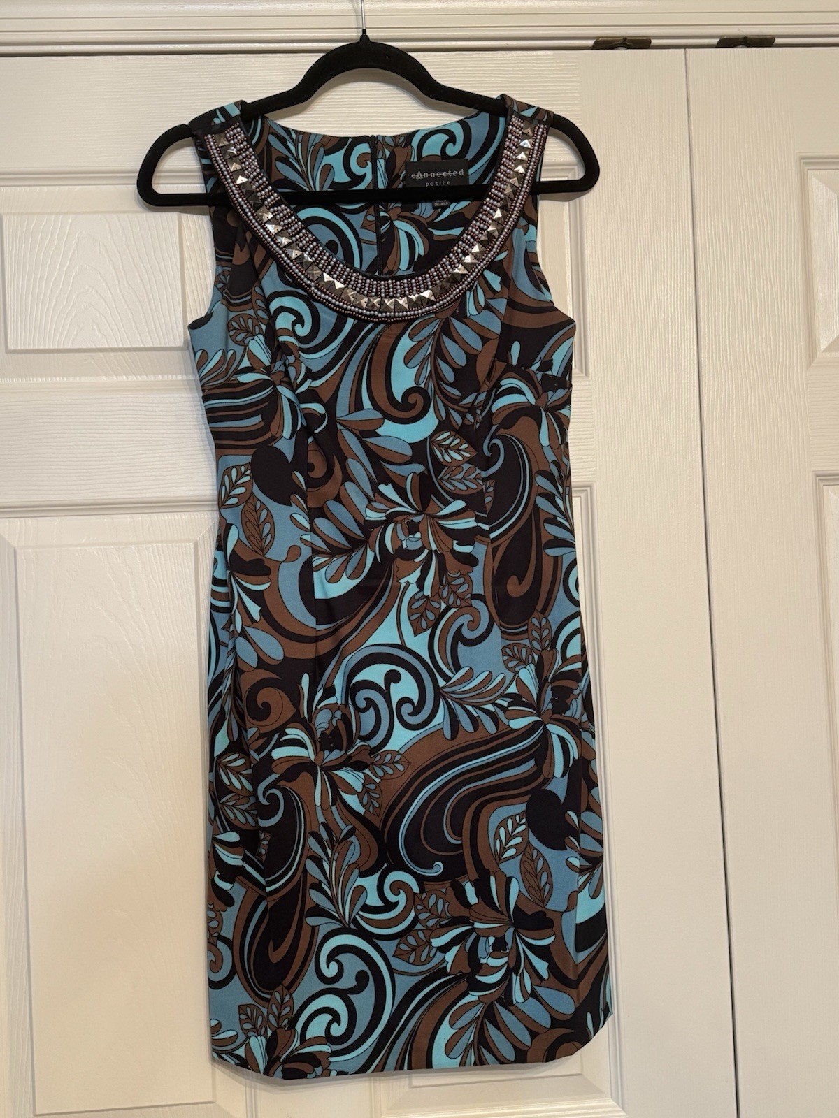 Blue & Brown Swirl Paisley Sleeveless Dress with Rhinestone Neckline, Size 8P