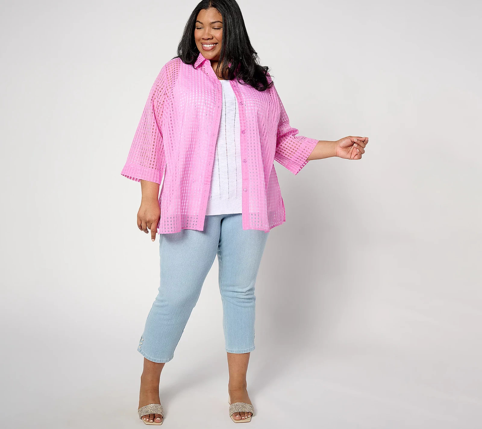 Joan Rivers Petite Sheer Organza Gingham Button Front Tunic Topper