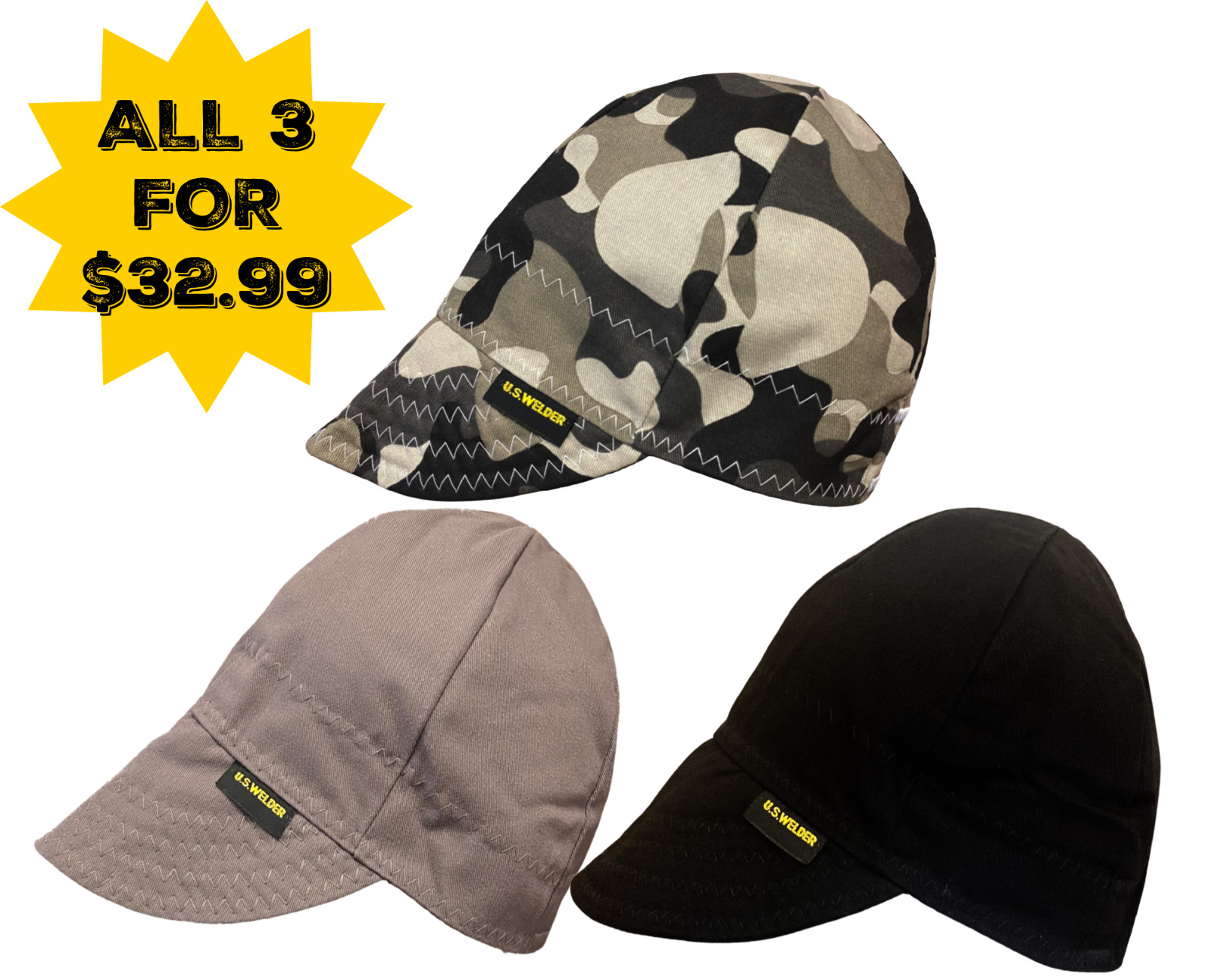 U.S. WELDER Welding Caps CAMO/SOLID SET OF 3 (Camo, Grey, & Black Cap)