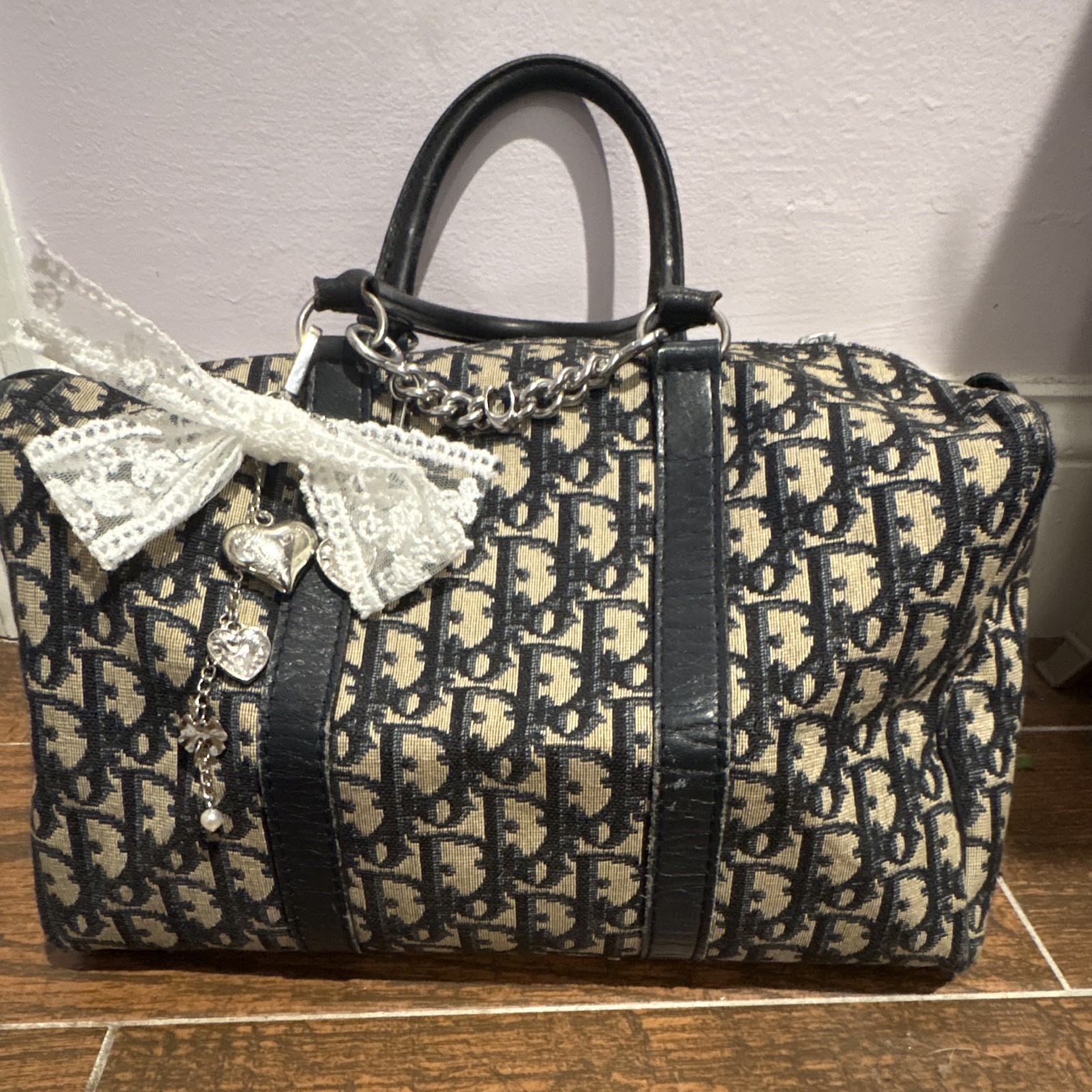 Dior Oblique Monogram Satchel Top Handle Zip Bag Navy Beige Silver w/ Charm