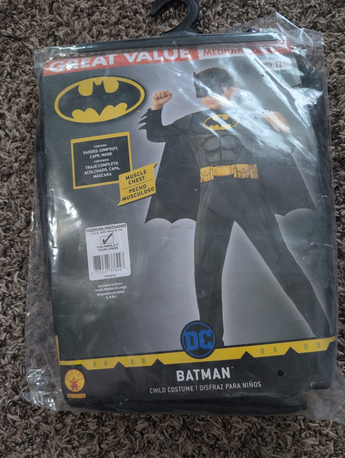 DC Comics Batman Costume Boys Medium 8-10 Rubies Padded Muscle Chest Mask Cape