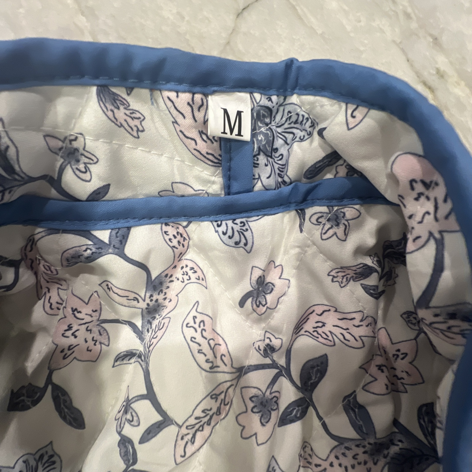 Reversible Quilted Jacket Cropped Sz MED* Navy Blue Floral Ivory/Pink