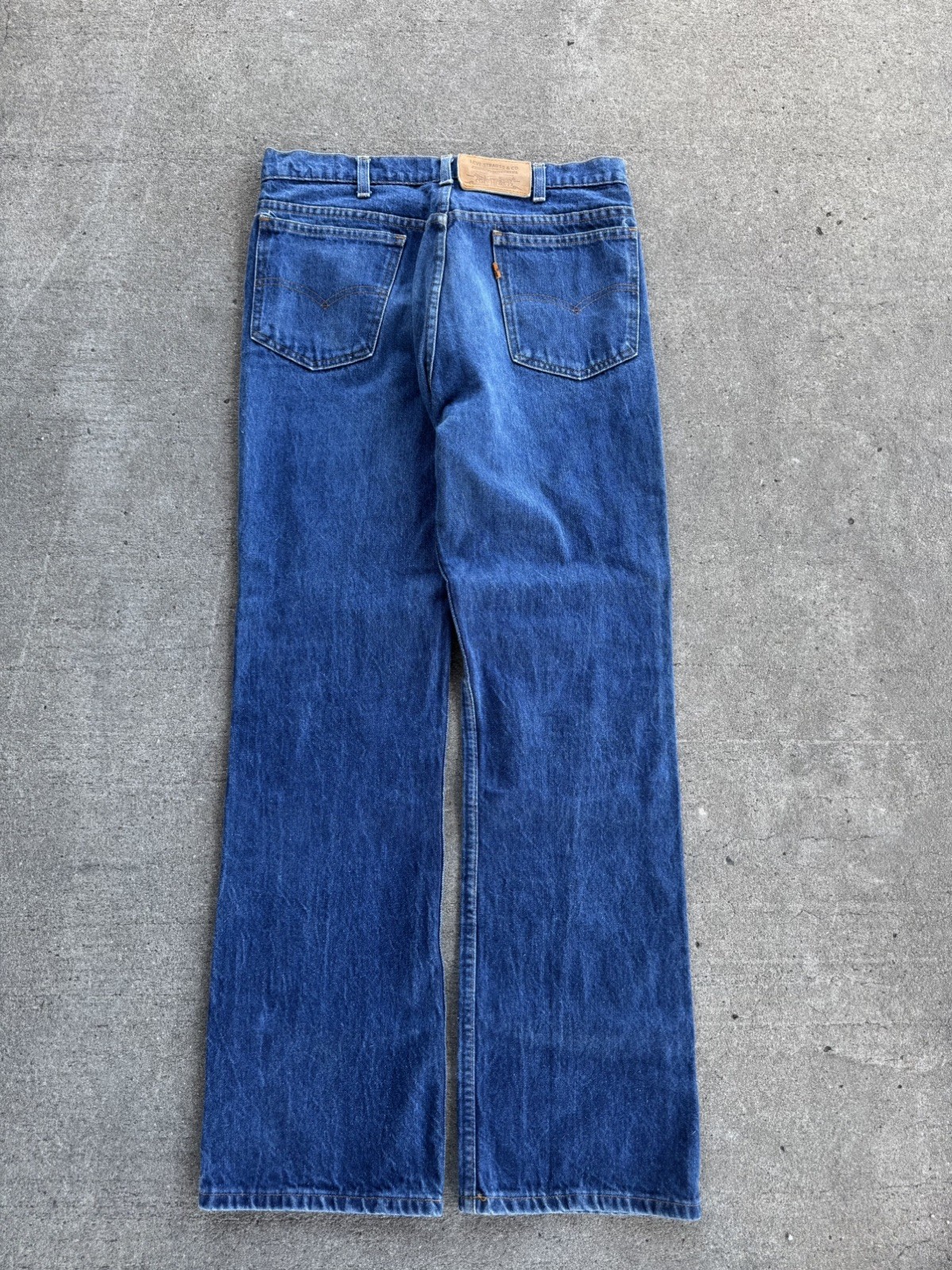 Vintage Faded 80s Levi’s 517 Made in USA Orange Tab Bootcut Blue Jeans 34-32