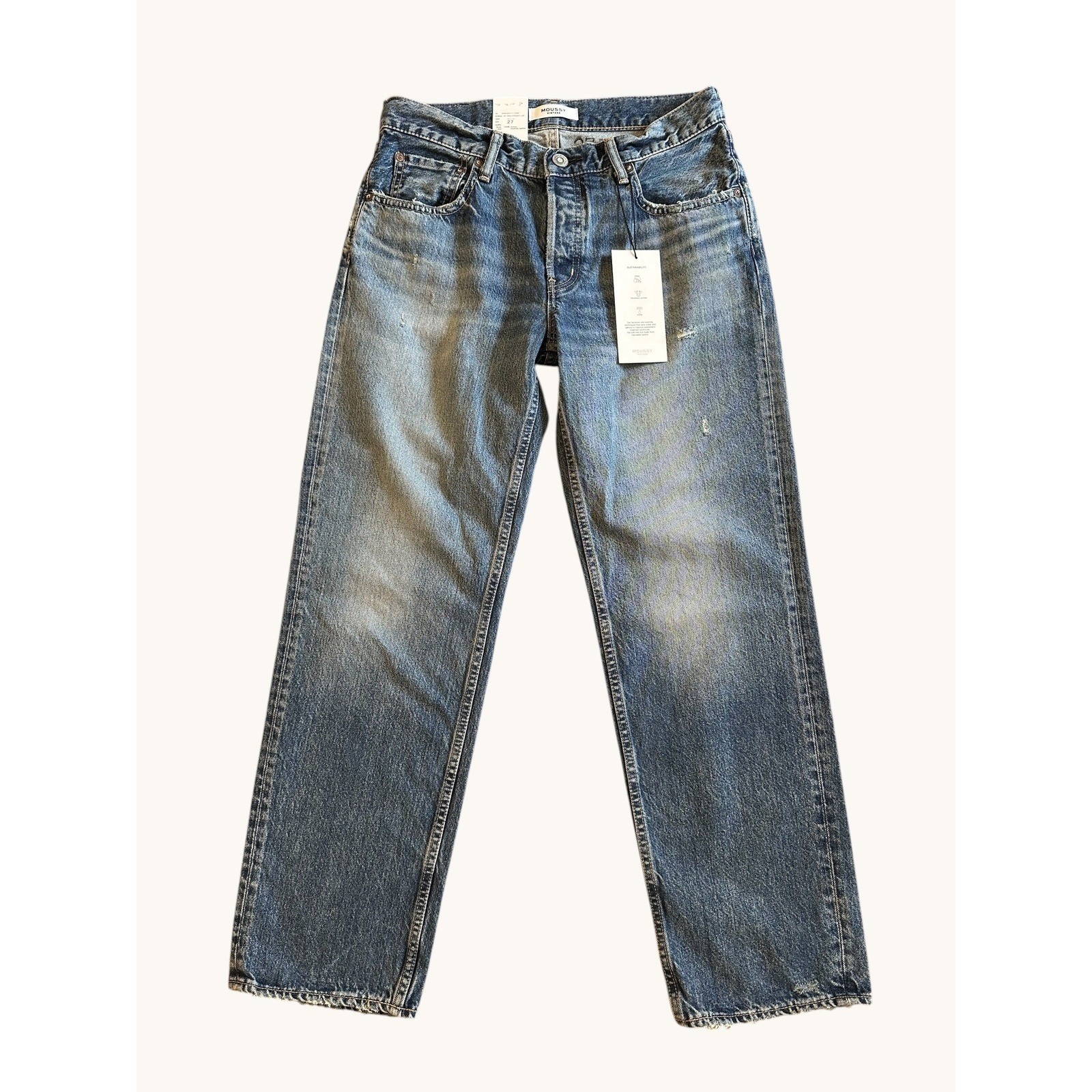 Moussy Vintage Jeans Womens 27 Blue Trigg Straight Low Distressed Button Japan