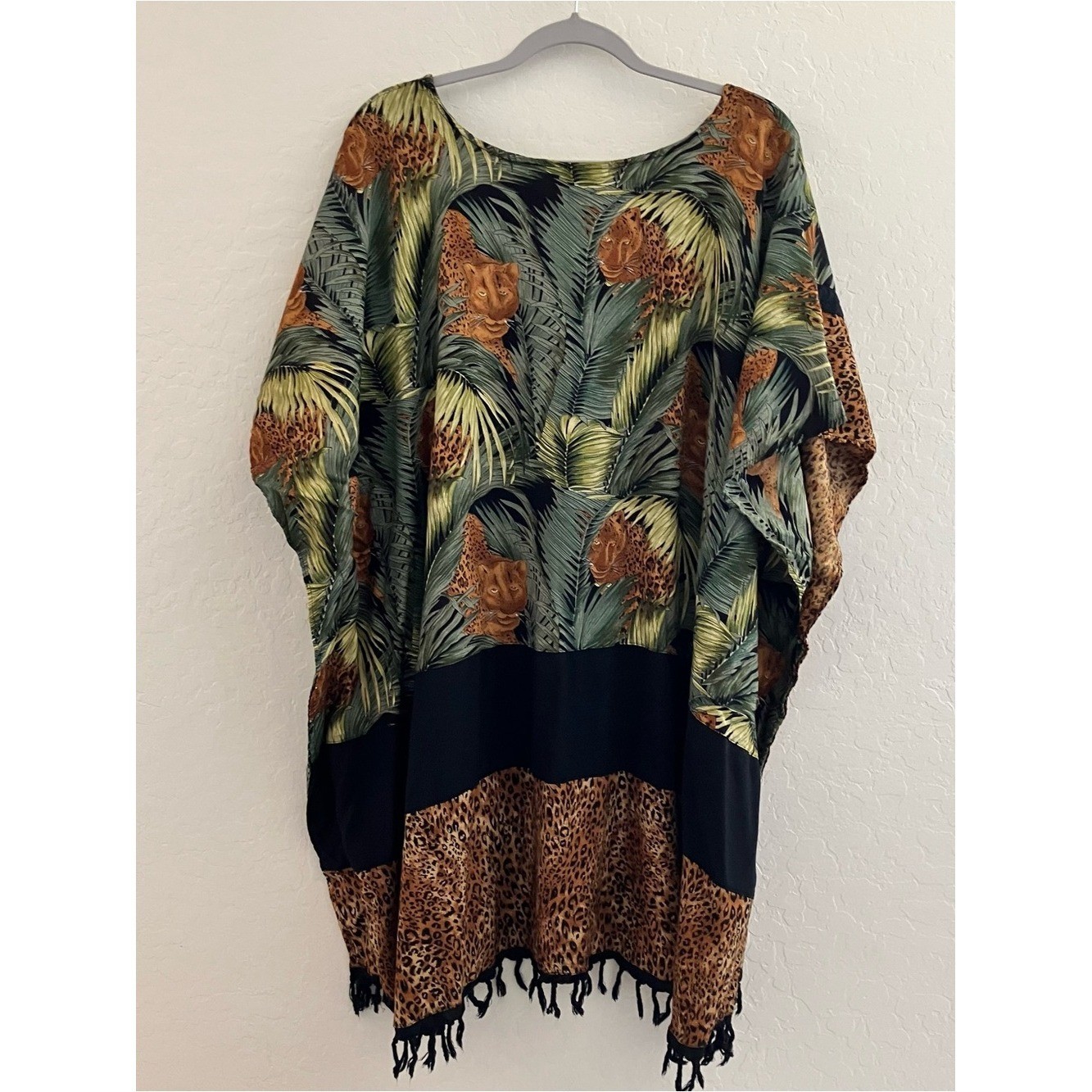 B.O.P Women’s Jungle Leopard Print Caftan Poncho Top 4X Beaded Rayon Boho