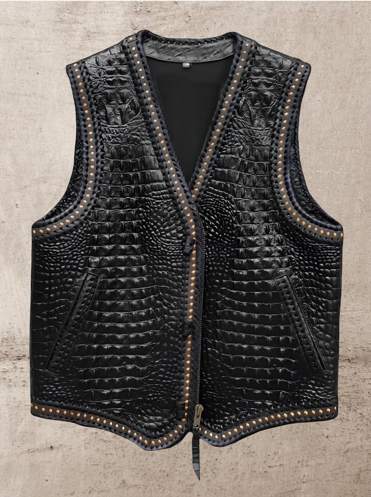 Leather Club Vest Biker Leather Vest Crocodile Embossed Braided Motocycle vest