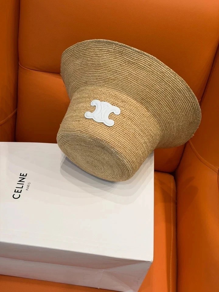 Celine Bucket Raffia Bucket Hat White Triomphe Logo Women Summer Sun Hat