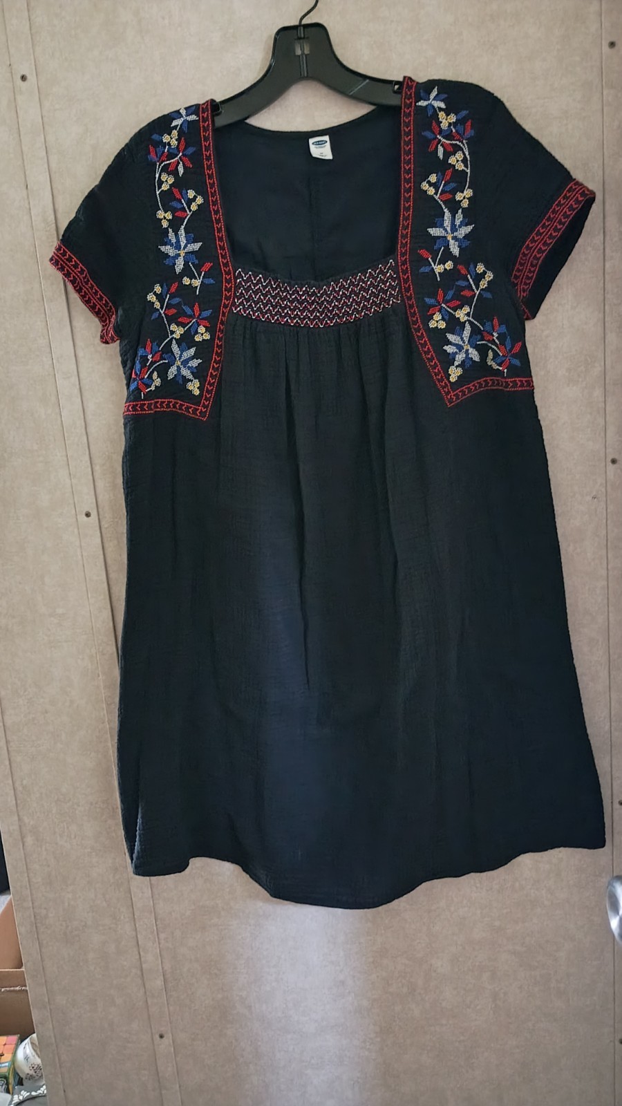 Old Navy Scandi Embroidered Square Neck Cotton Gauze Black Dress Womens Size M