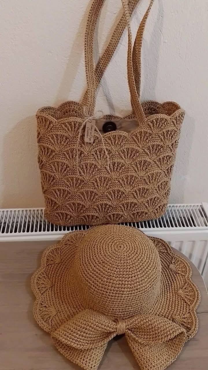 Crochet Straw Style Hat & Handbag Set Handmade Beach Vacation Tote Set