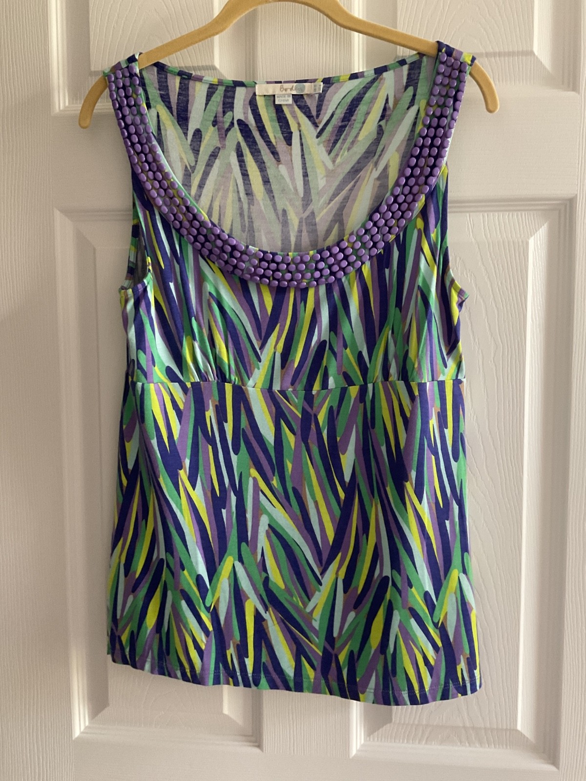 Boden Sleeveless Viscose Print Top Shirt Blouse with Purple Beads UK12 US 8