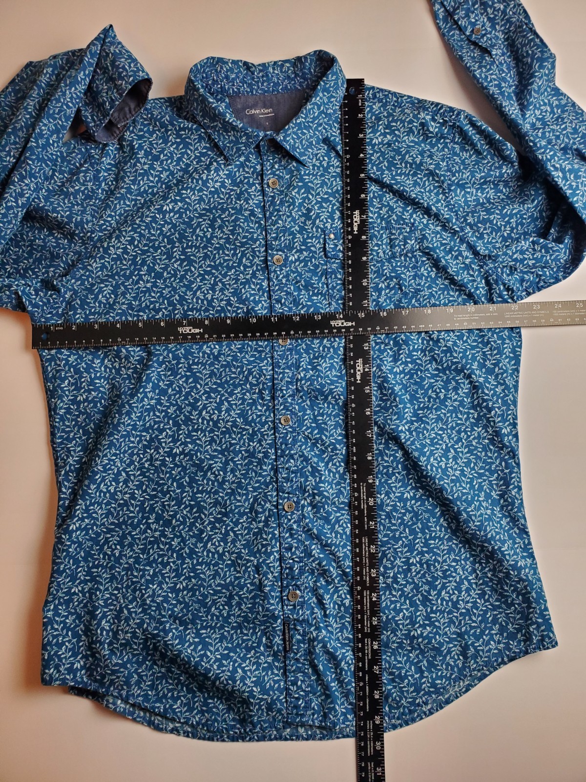 Calvin Klein Jeans Men’s Large Blue Floral Print Button Front Shirt 100% Cotton