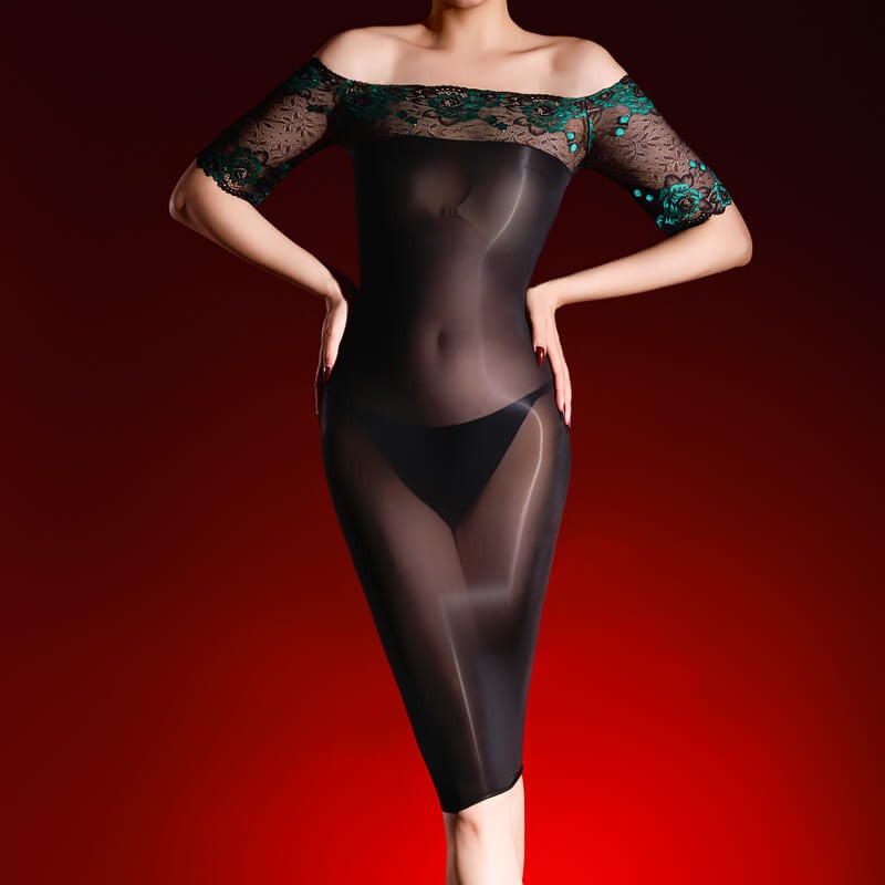 Womens Off the Shoulder Bodycon Mini Dress Sheer Nylon Shiny Glossy Short Dress