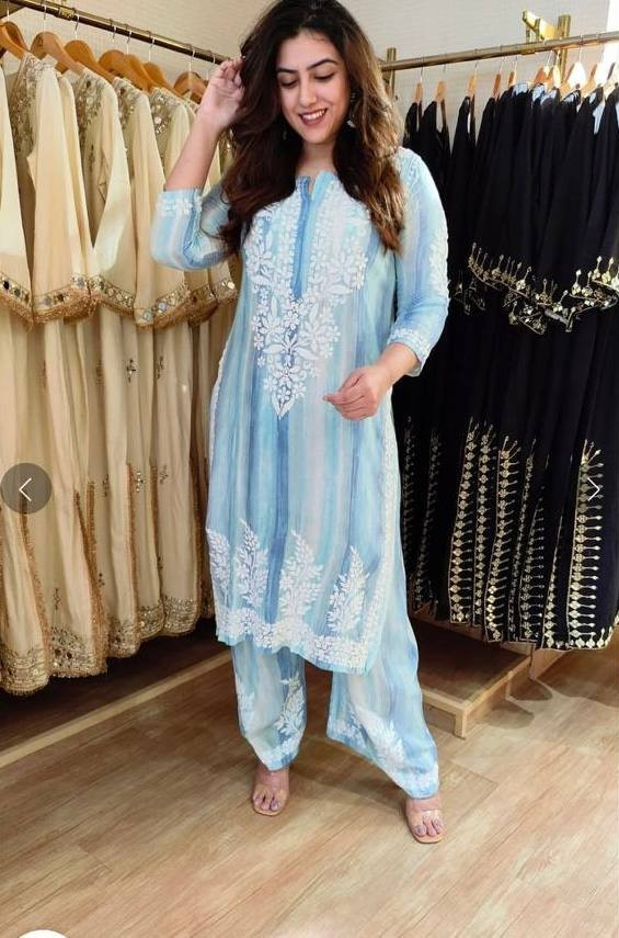 Sky Blue Rayon Kurta Palazzo Set Embroidered Ethnic Suit Summer Wear For Women