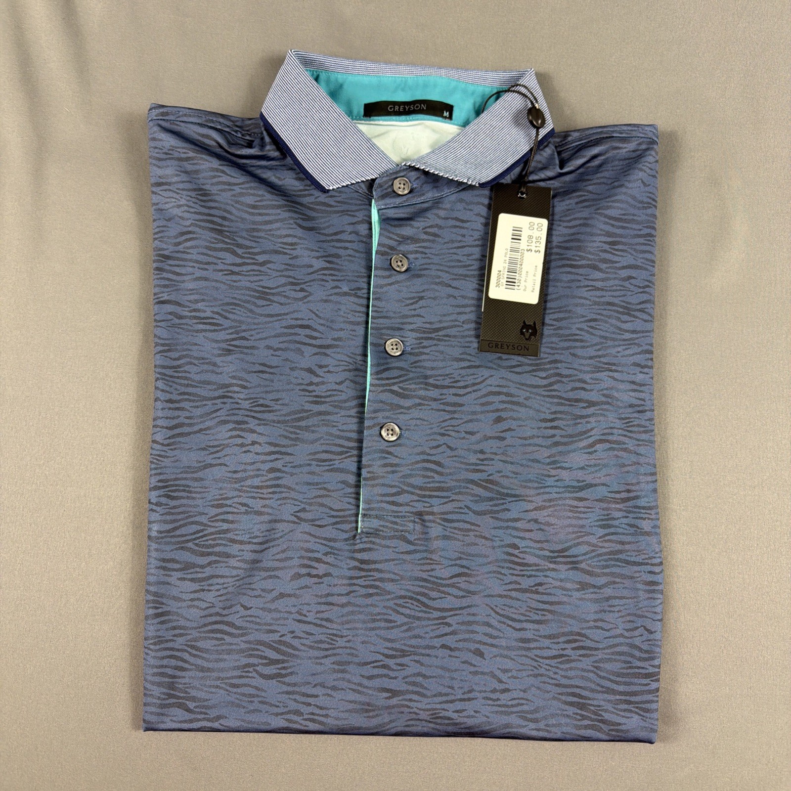 Greyson Golf Shirt Polo Sleeve Logo Deep Water Print Medium Falcon NWT MSRP $118