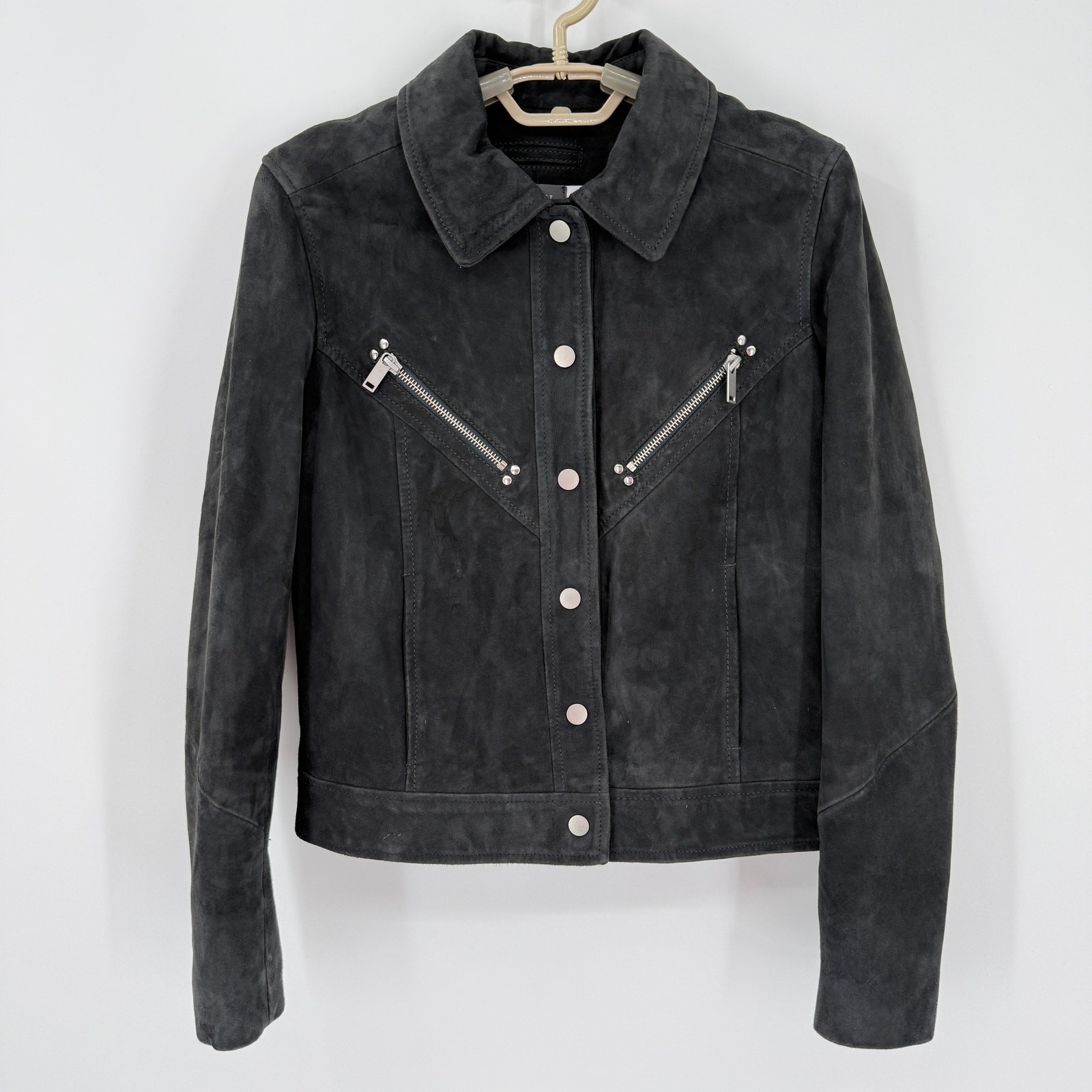 Mint Velvet 100% Suede Leather Western Jacket zipper Charcoal Biker EU 36 US 4