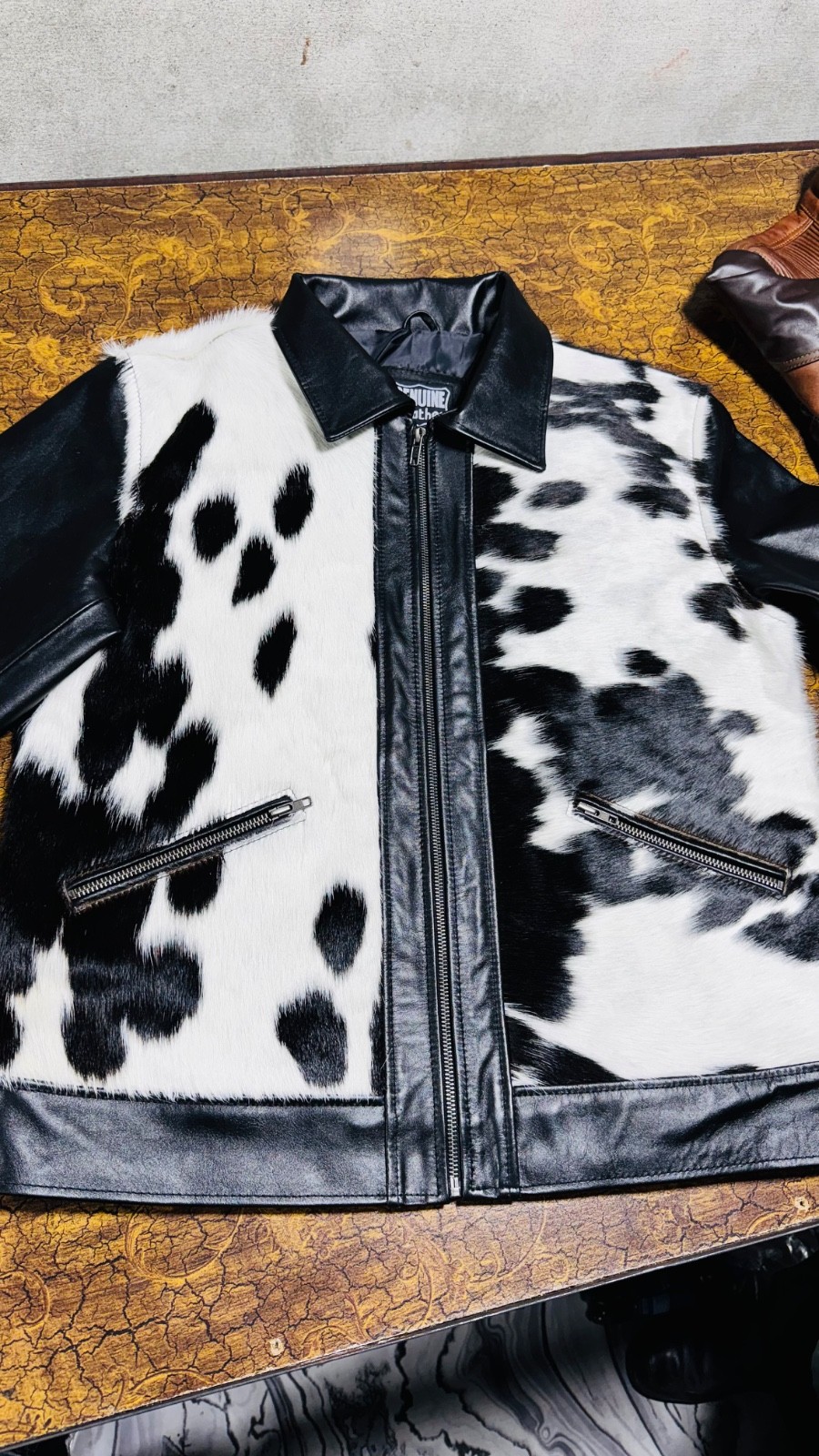Genuine Cowhide Leather Jacket Black White Hair On Hide Biker Motorcycle Zip Coa