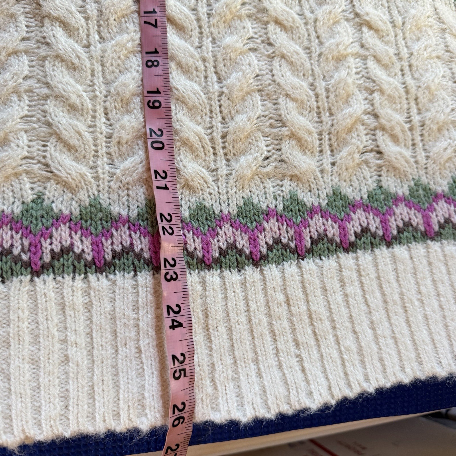 Sugar Moon Cable Knit Sweater L Ivory Pink Fair Isle Cozy Grandma Cottagecore
