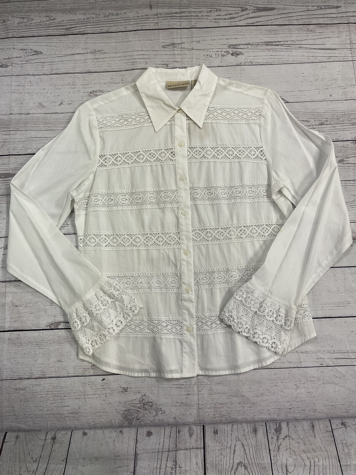 Apostrophe White Long Sleeve Button Up Lace Women’s Size 8