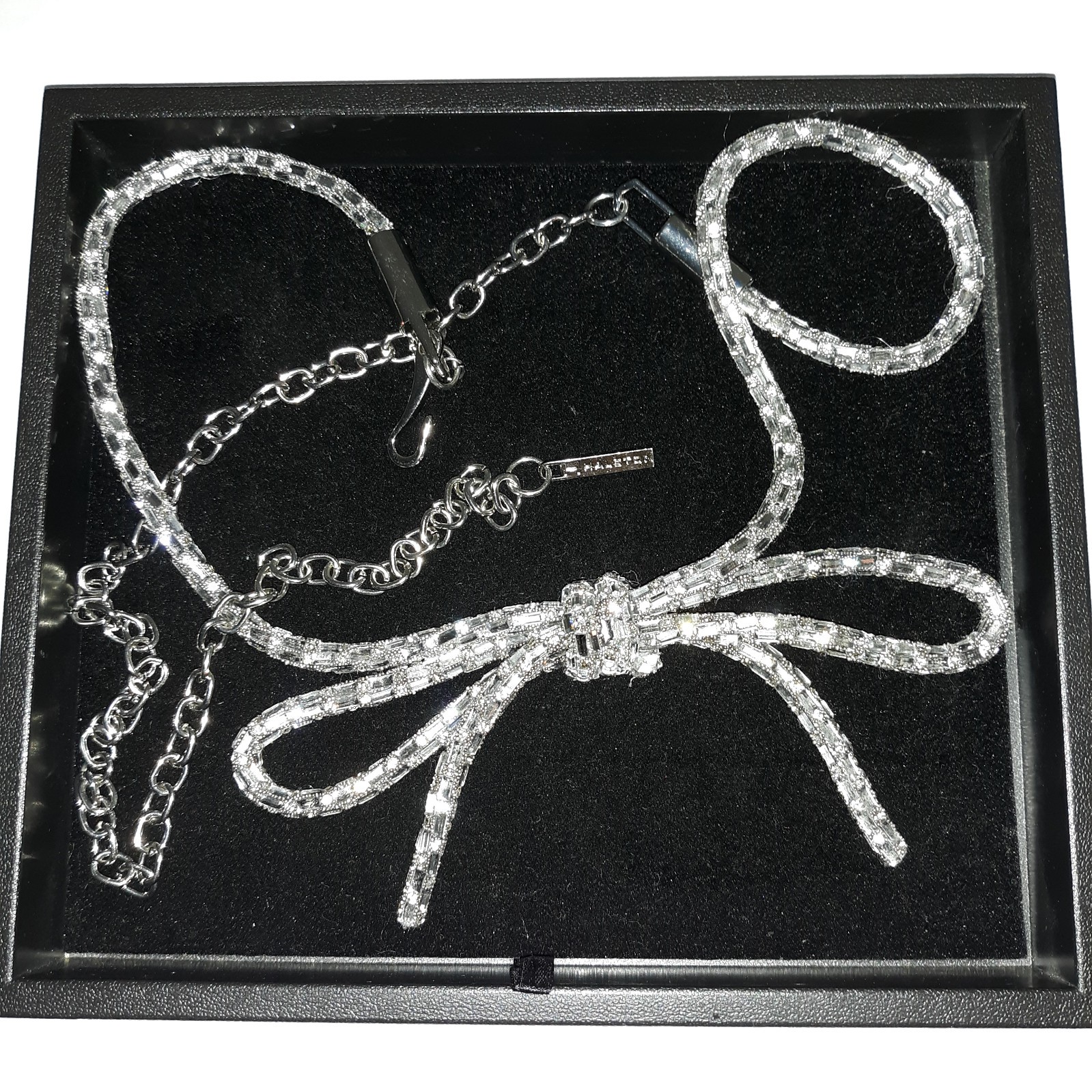 Vtg H By Halston Crystal Belt Sz L W/Bow Adj Clip Chain Clear Stones Slvr Fabric