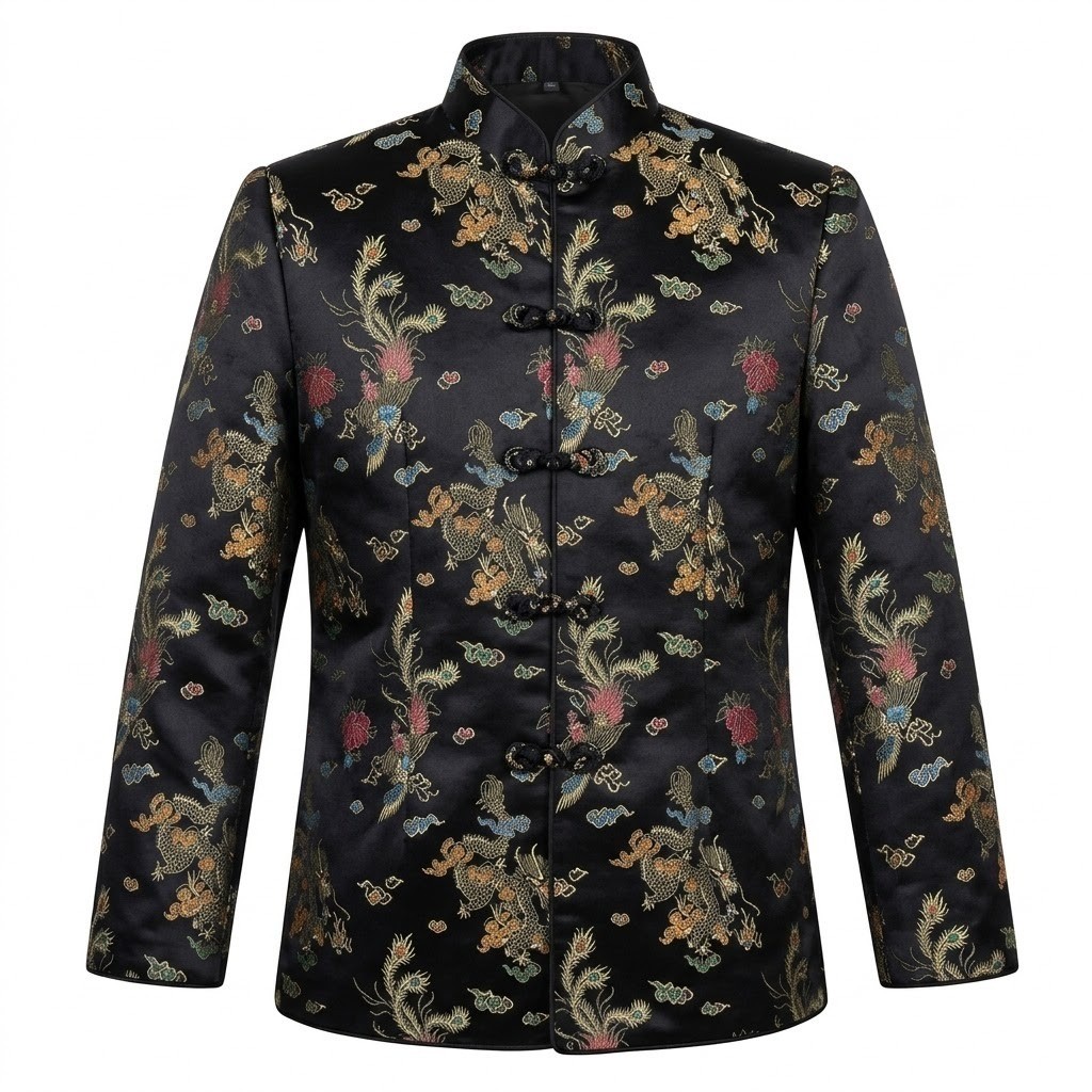 PBL Women’s M/L Black Dragon Phoenix Brocade Tang Jacket Mandarin Collar – CJ