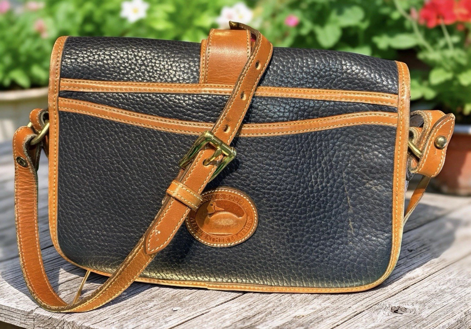 Dooney Bourke Navy Blue Vintage Flap Equestrian Tack Bag All Weather Leather