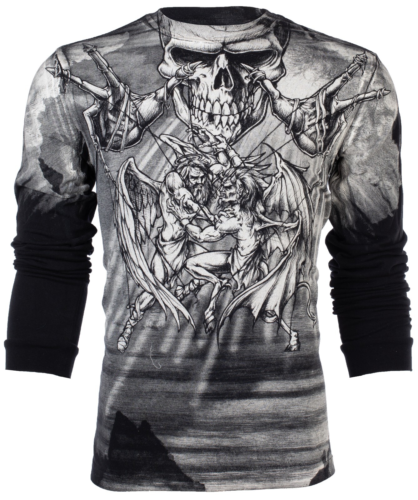 $78 AFFLICTION Black PUPPET MASTER Skull Long Sleeve Slim Fit Y2K T-shirt NWT