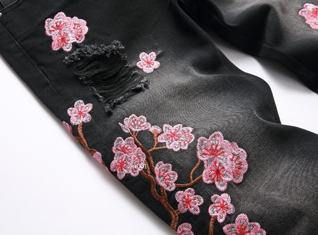 Men’s Black Denim Jeans Straight Leg Casual Pants Floral Embroidery Punk Hip Hop