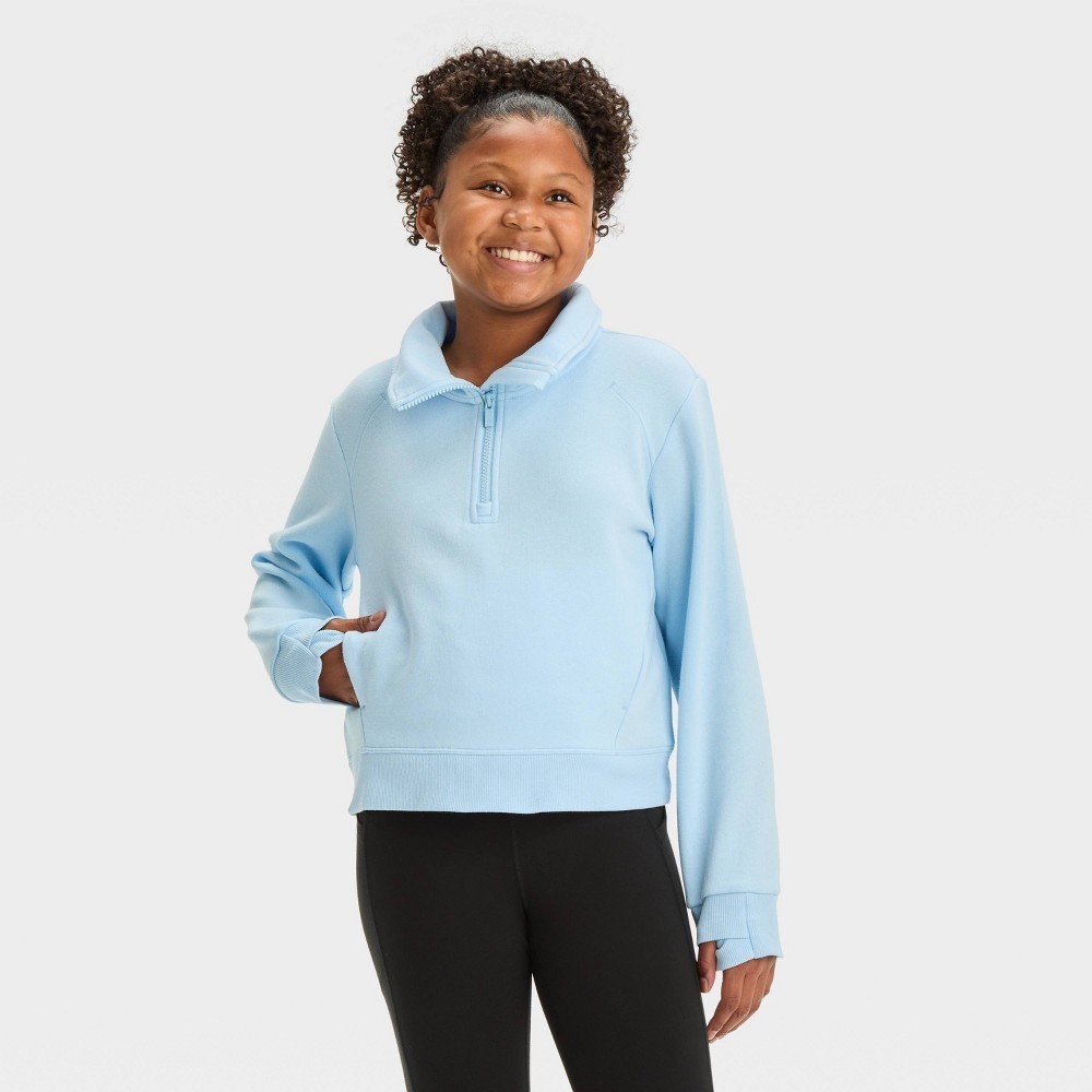 All In Motion Girls 1/2 Zip Fleece Pullover Sweatshirt LARGE (10/12) Aqua Blue