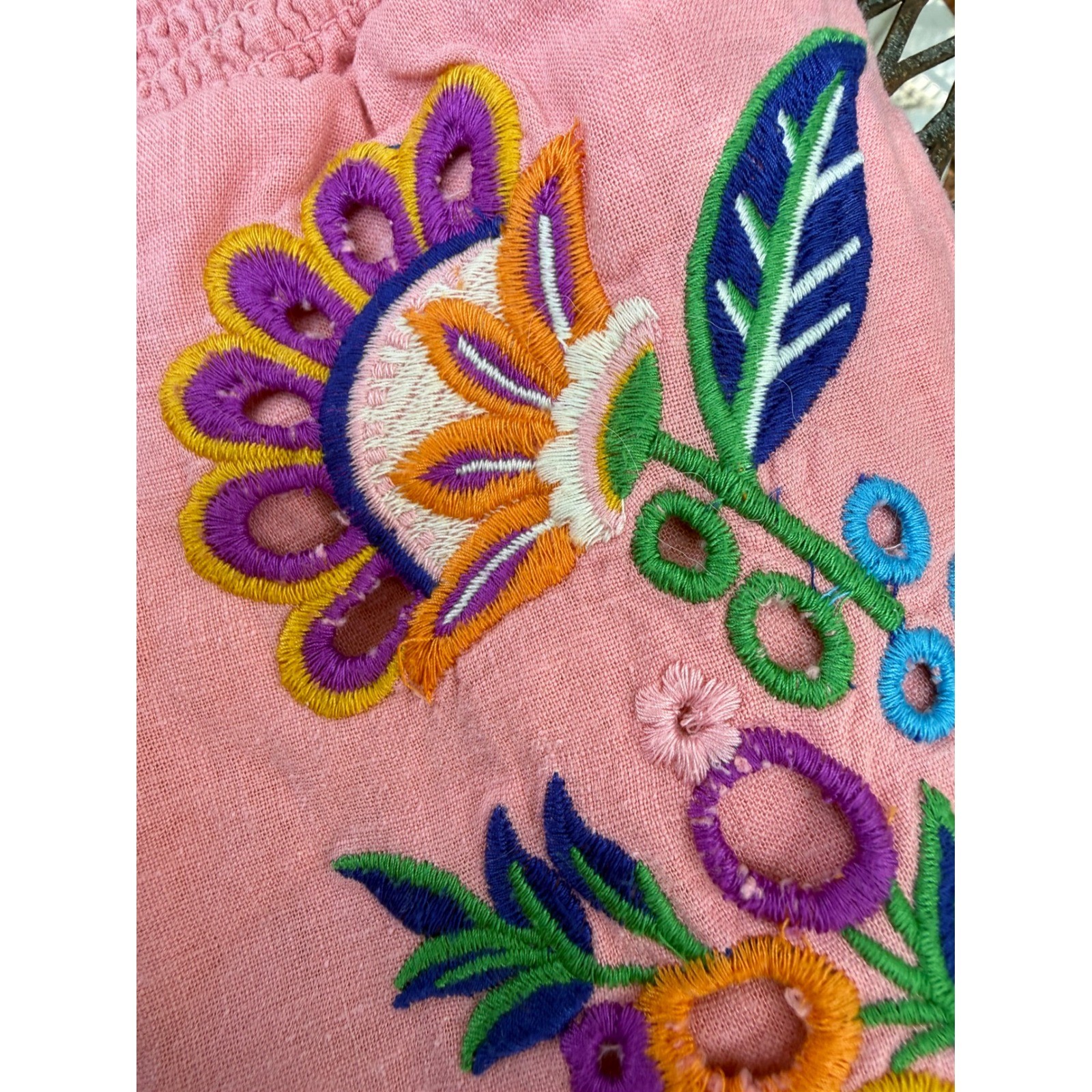 Farm Rio Pink Linen Embroidered Eyelet Smocked Waist Tapered Pants Womens