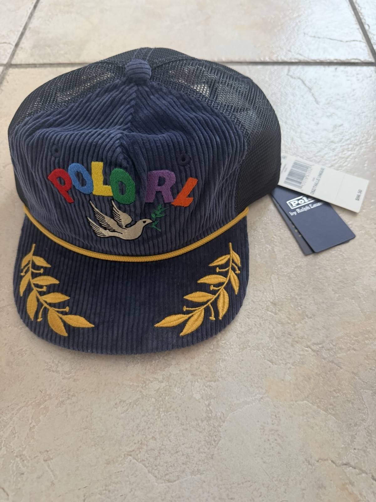 Polo Ralph Lauren Trucker Hat Navy Yellow Peace Love Embroidered Adjustable Men