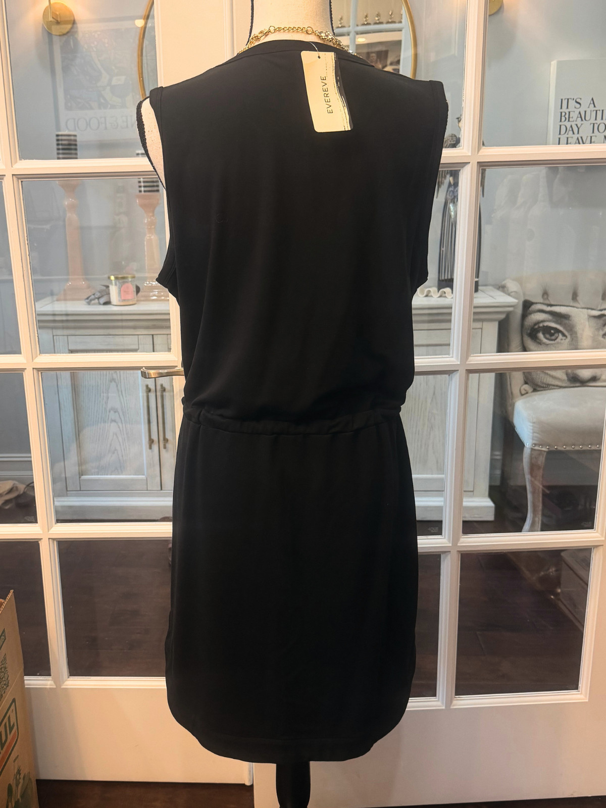 NWT Evereve Black Sierra Sleeveless Dress L with Waist Tie Curved Hem $98