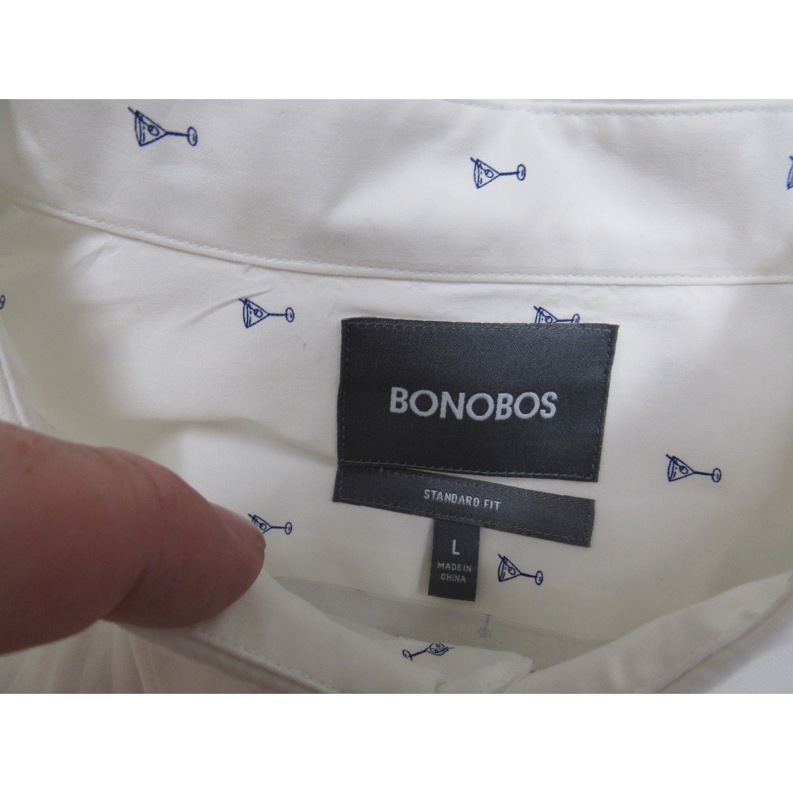 Bonobos Mens Martini Glass Print Button Down Shirt White Blue Standard Fit L