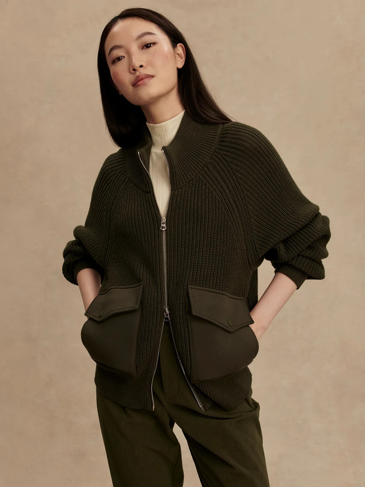 Varley Tessa Zip-Through Knit Jacket in Forest Night, Size Medium