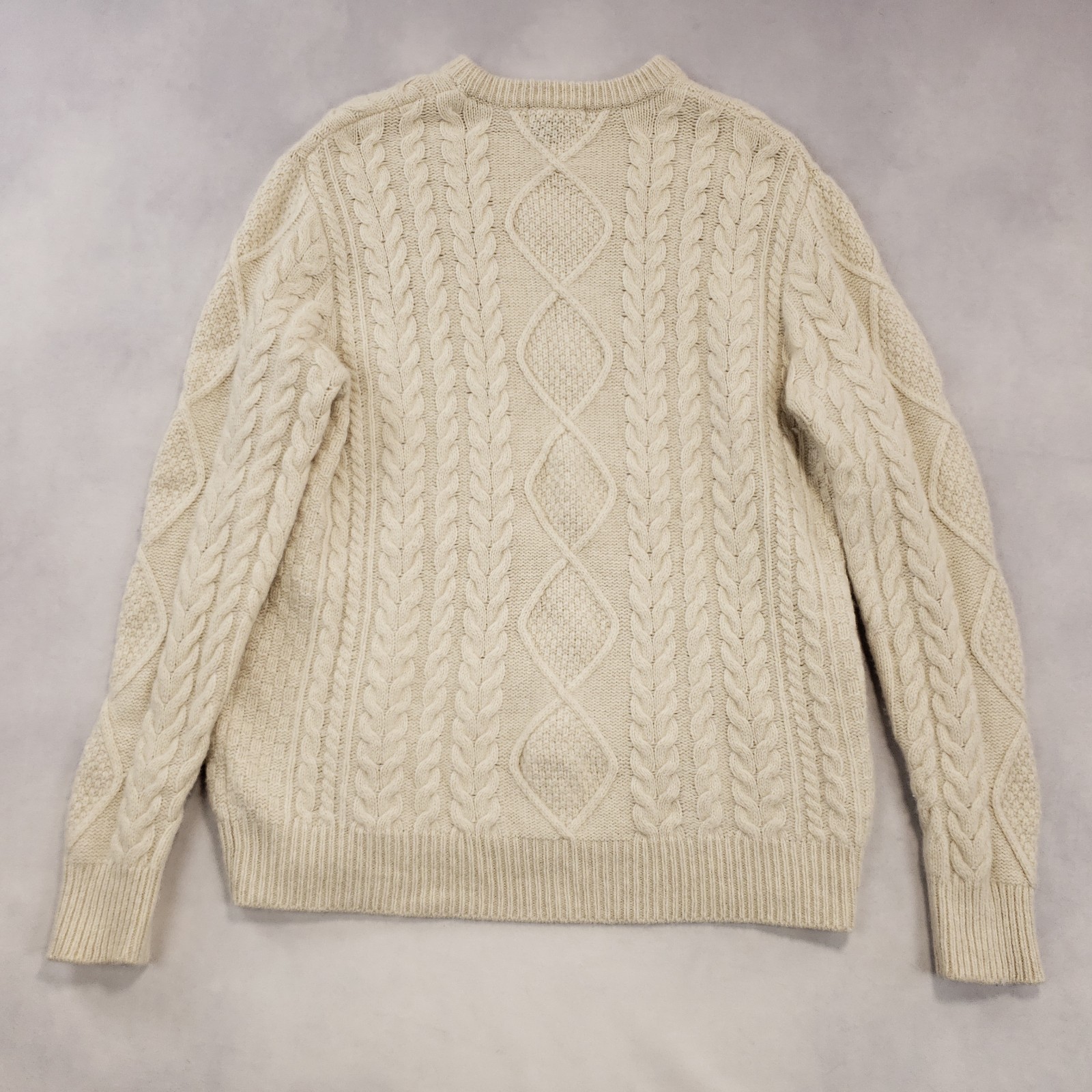 Orvis Sweater Men Medium Cream Cable Knit Merino Wool Blend Crew Neck Fisherman