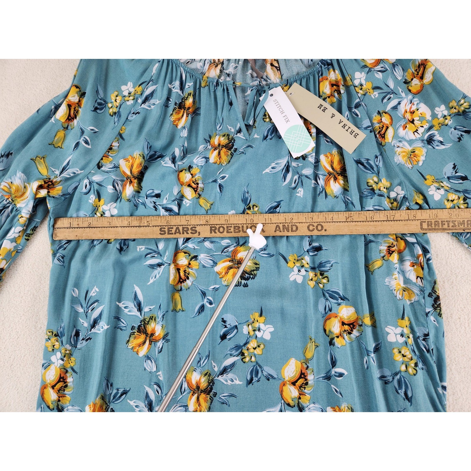 New Brina & Em Stitch Fix 3/4 Sleeve Teal Floral Blouse Size Medium Fall